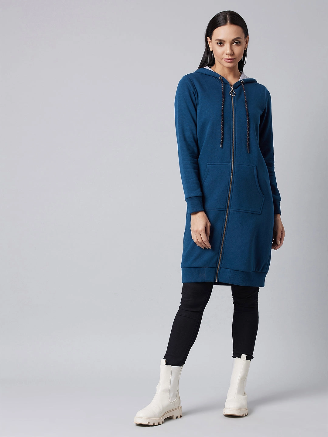 Women's Navy Blue Hooded Full Sleeve Solid Hooded Knee Length Dress Clean Flow