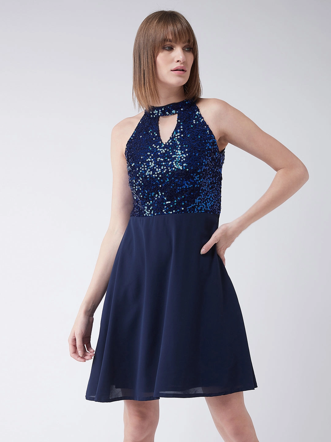 Women's Navy Blue Round Neck Sleeveless Solid Sequin Flowy Knee-Long Skater Dress Garden Scene Unisex Option