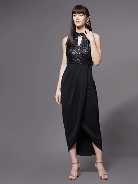 Elegant Layer Statement Mood Crease Ease Women's Black Halter Neck Sleeveless Sequined Party Midi Dress