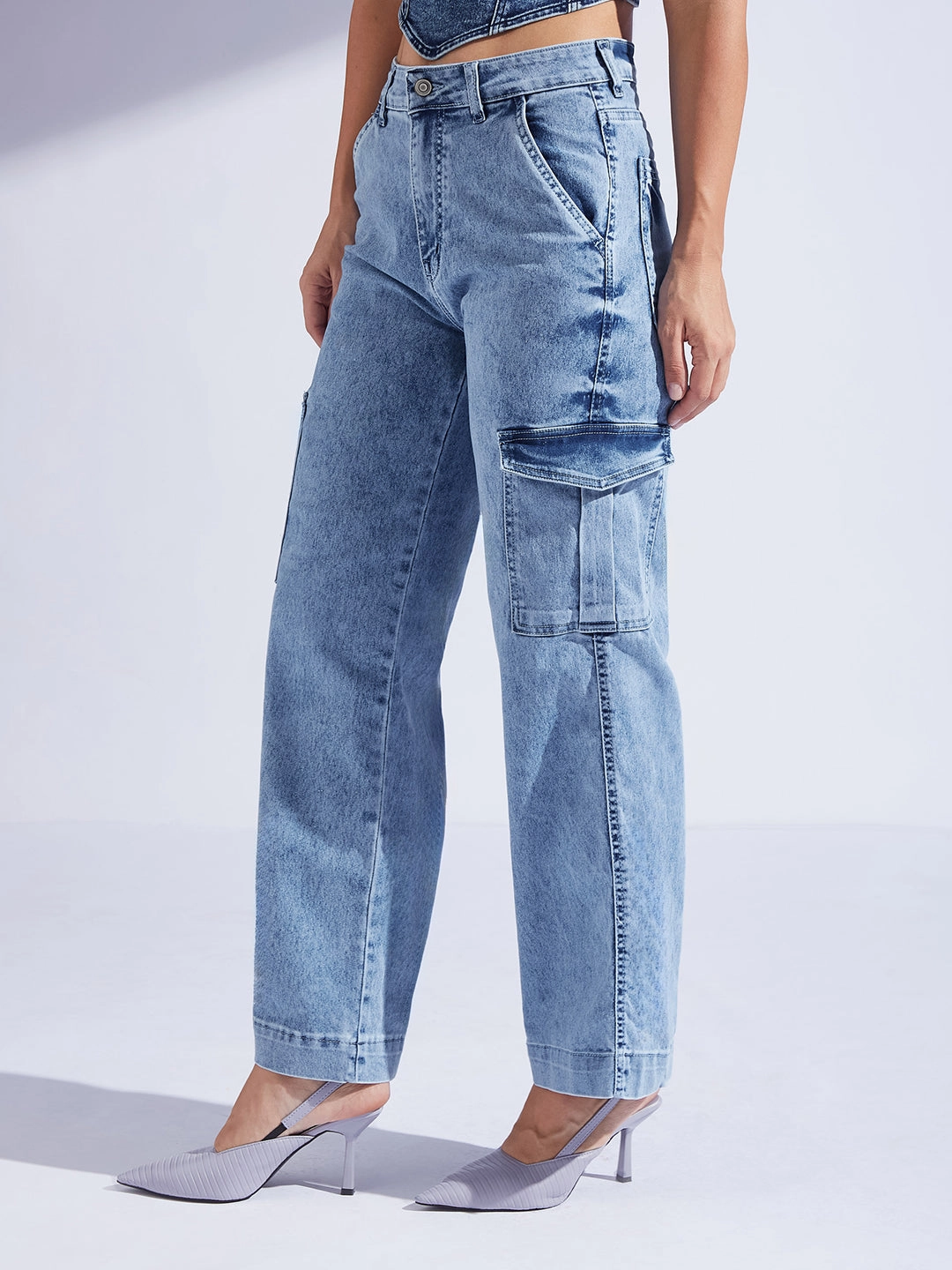 Morning Stroll Stretch Flawless Look Women's Light Blue Wide-Leg High-Rise Stretchable Flared Cargo-Style Denim Jeans