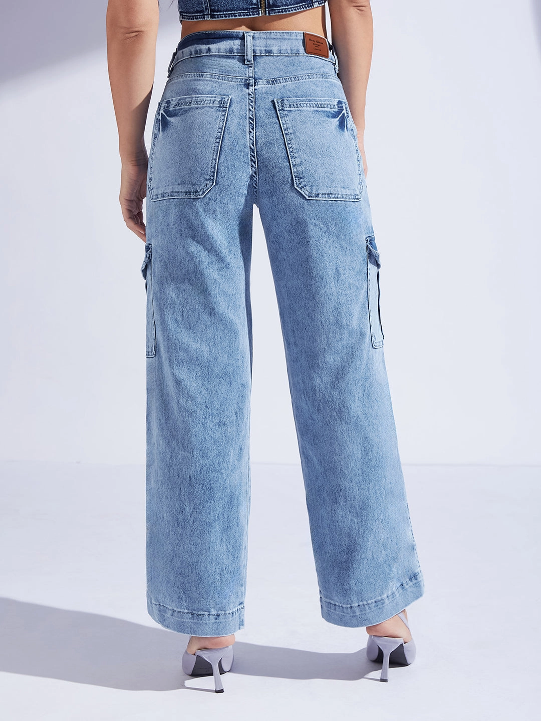 Women's Light Blue Wide-Leg High-Rise Stretchable Flared Cargo-Style Denim Jeans Travel Outfit Chill Outfit Date Night Cool Essential