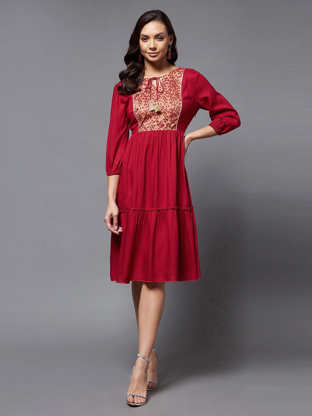 Women's Maroon Round 3/4 Sleeve Viscose Rayon Self Design Gathered Midi Dress Unisex Option