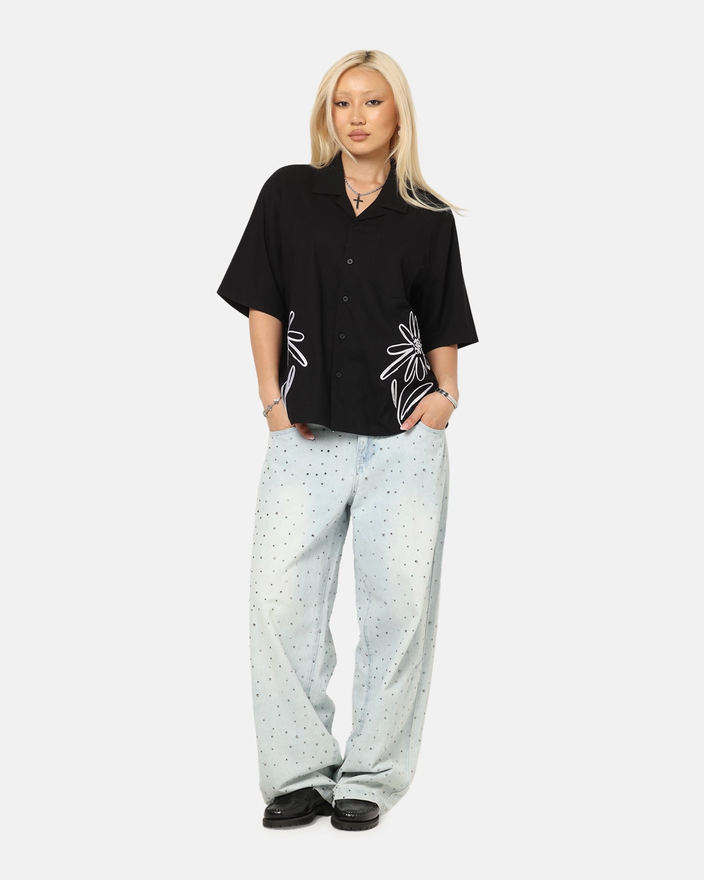 Elastic Edge Binding Carre Hand Picked Button Up Shirt Black