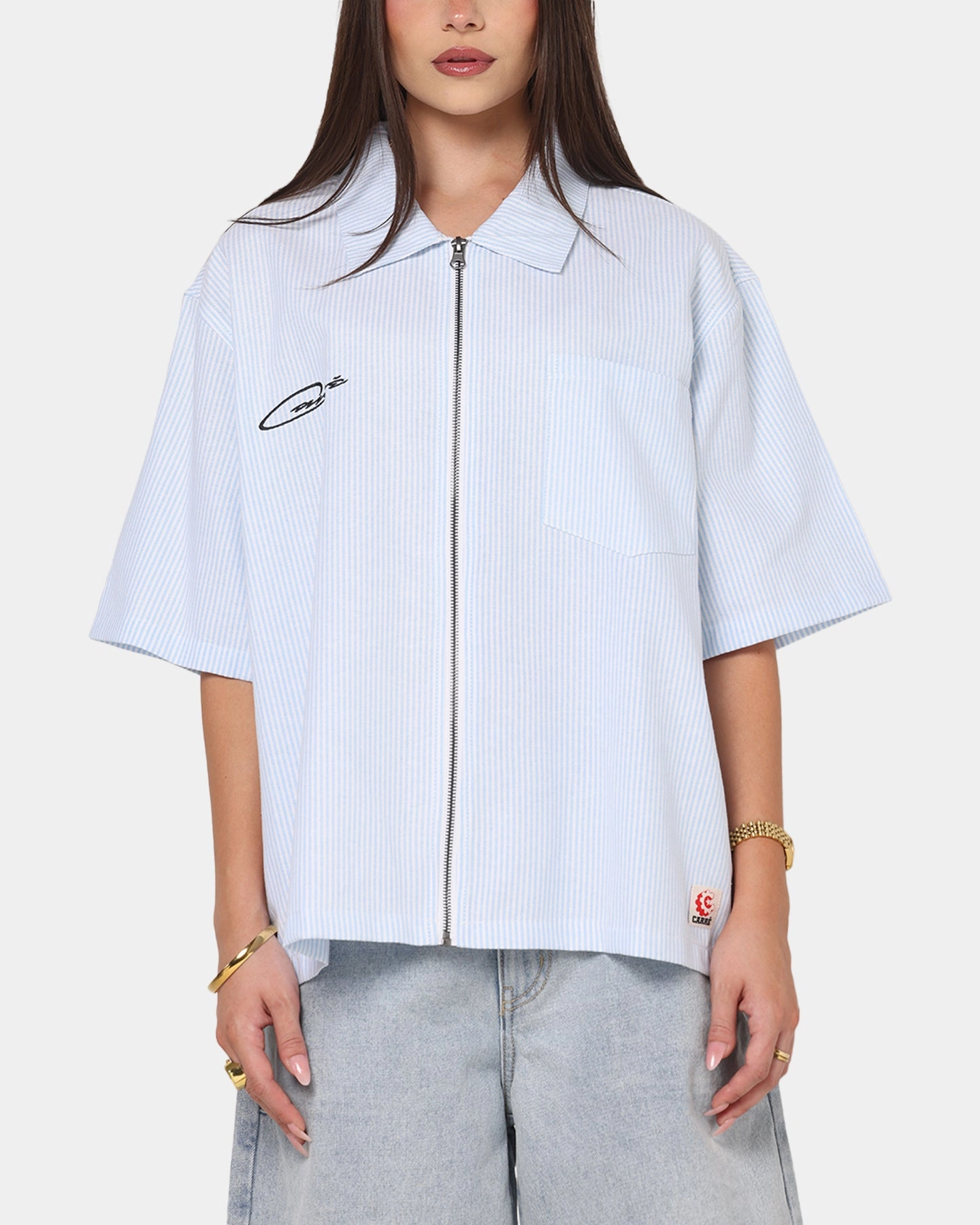 AntiPill Surface Carre Oxford Stripe Zip Up Shirt Blue/White Stripe