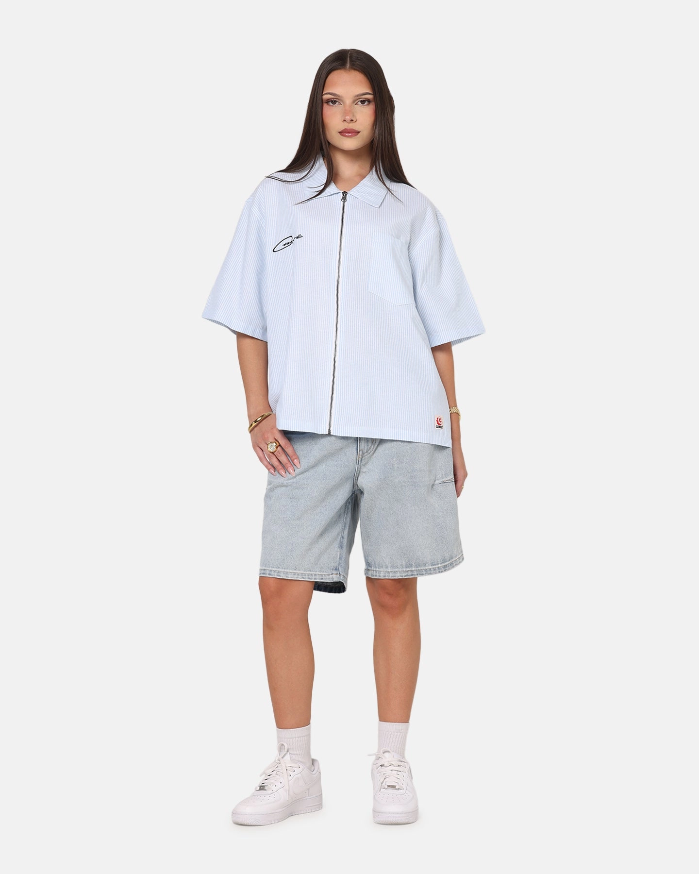 Carre Oxford Stripe Zip Up Shirt Blue/White Stripe Thermal Regulating Fabric