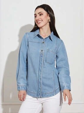 Anti Pilling Treatment WideNeckline Women??s Light Blue Asymmetric Denim Shirt ?C Full Sleeves, Relaxed Fit, Collared