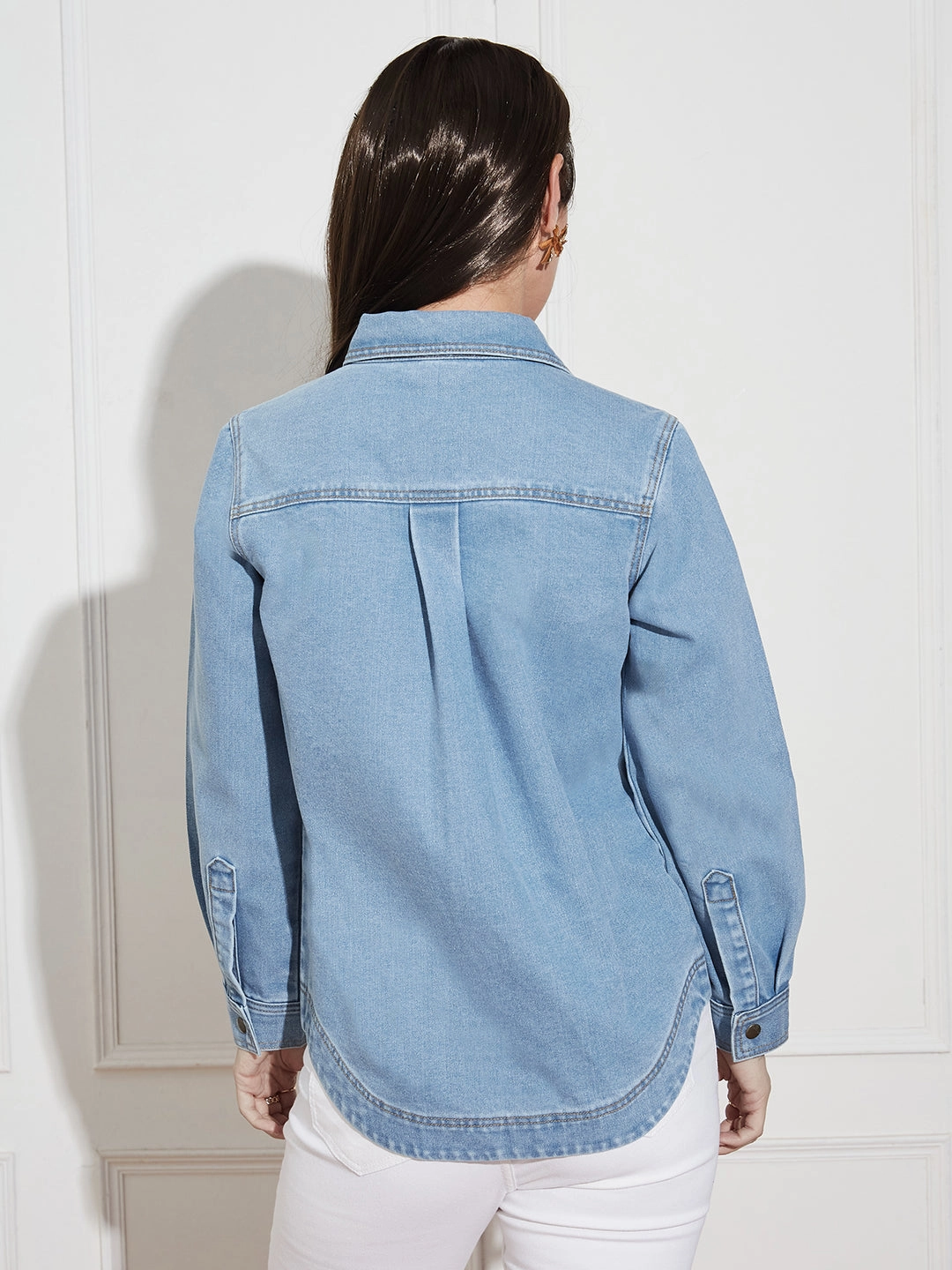 Women??s Light Blue Asymmetric Denim Shirt ?C Full Sleeves, Relaxed Fit, Collared EasyCareMaterial