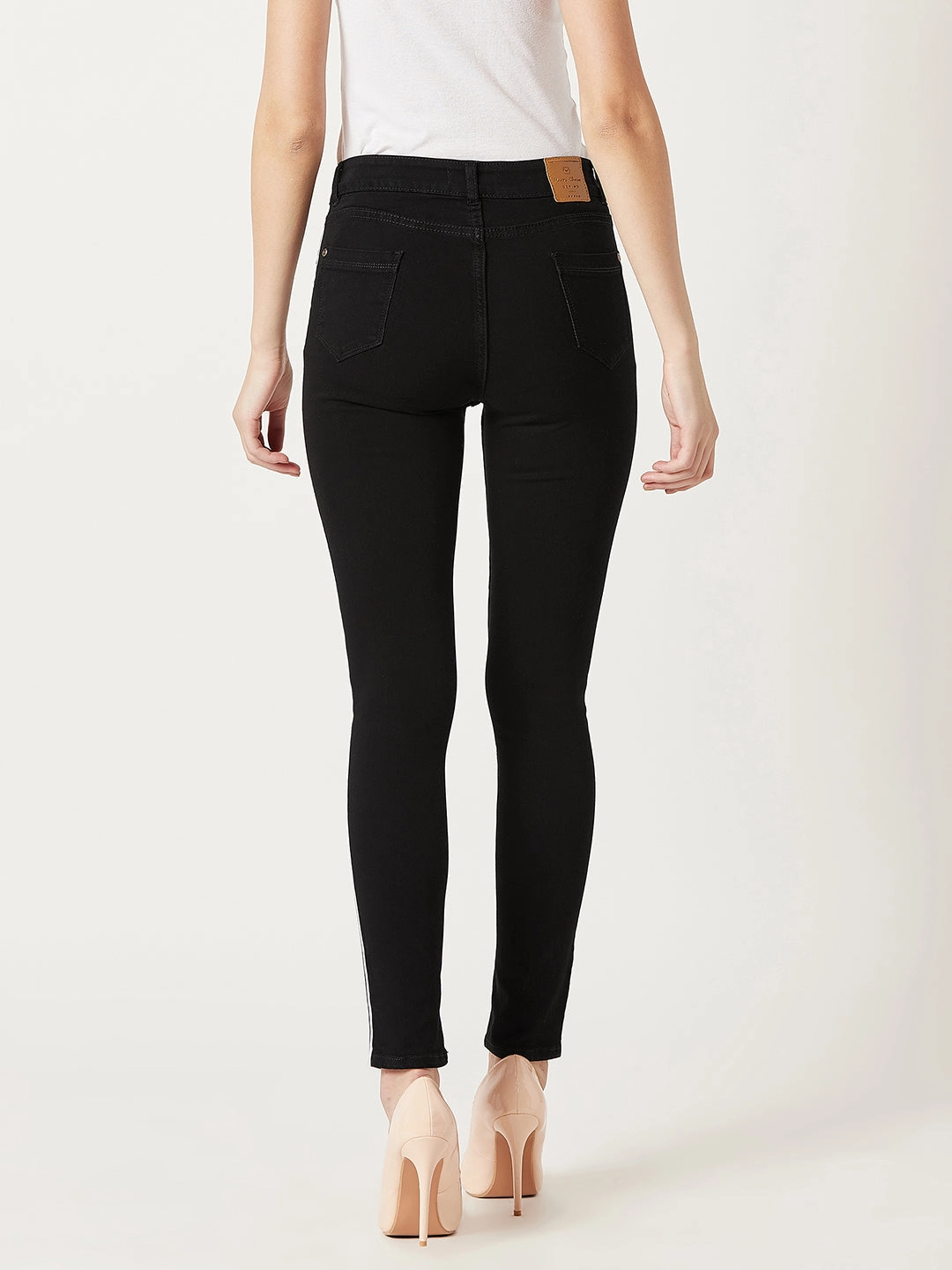 Women's Black Slim-Fit Mid-Rise Twill Tape Detailing Clean-Look Acid Wash Crop Length Stretchable Denim Jeans Always Needed Outfit Ease