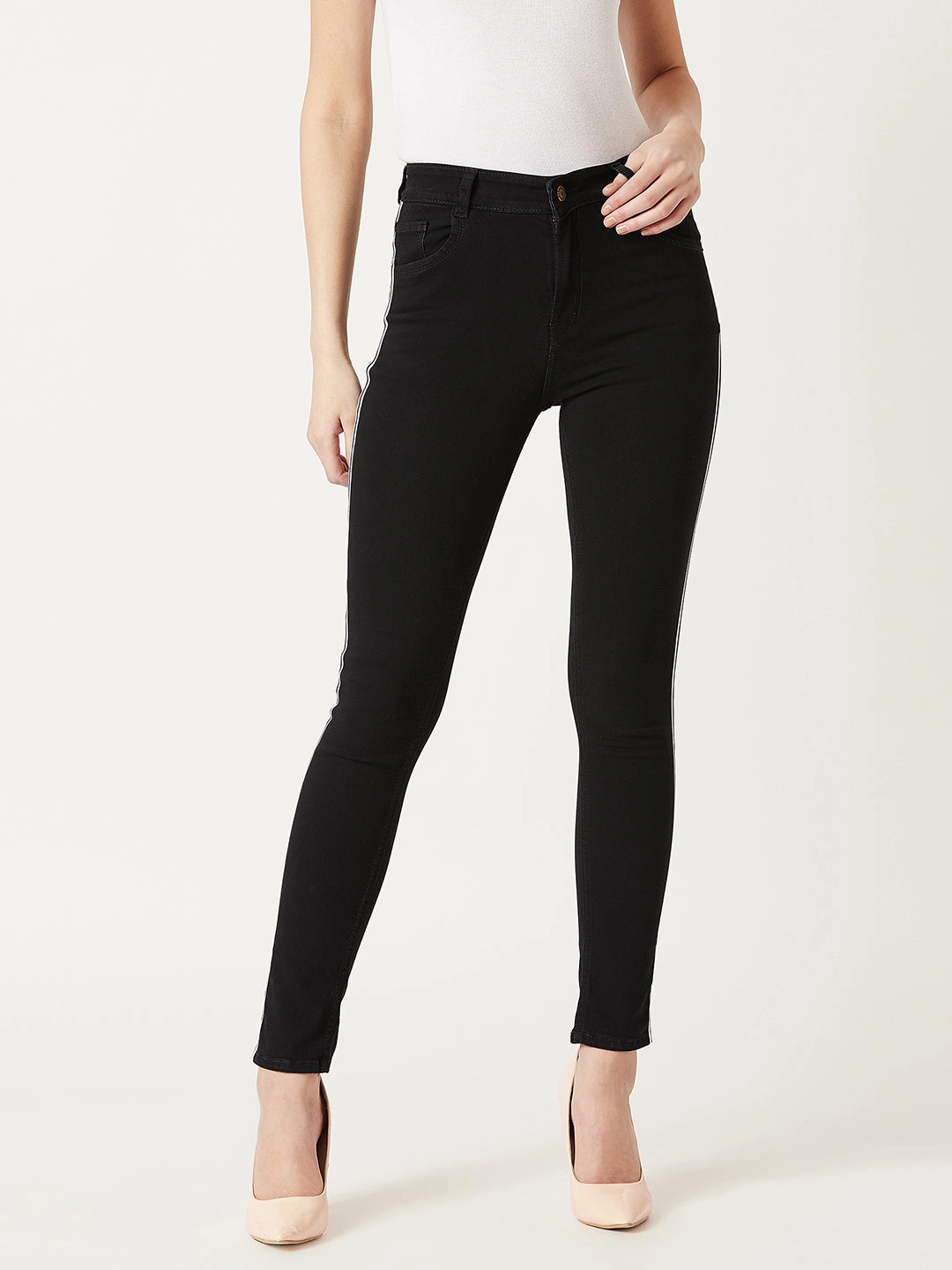 Women's Black Slim-Fit Mid-Rise Twill Tape Detailing Clean-Look Acid Wash Crop Length Stretchable Denim Jeans Workday Outfit Lightweight Denim Blend