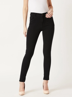 Women's Black Slim-Fit Mid-Rise Twill Tape Detailing Clean-Look Acid Wash Crop Length Stretchable Denim Jeans Workday Outfit Lightweight Denim Blend