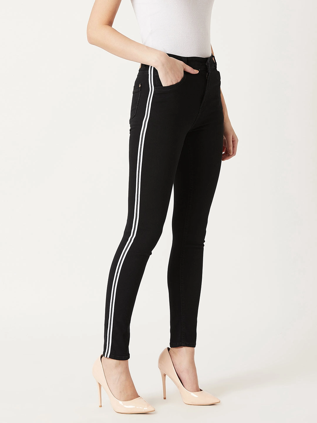 Women's Black Slim-Fit Mid-Rise Twill Tape Detailing Clean-Look Acid Wash Crop Length Stretchable Denim Jeans Slim Modern Night Out Neutral Textured