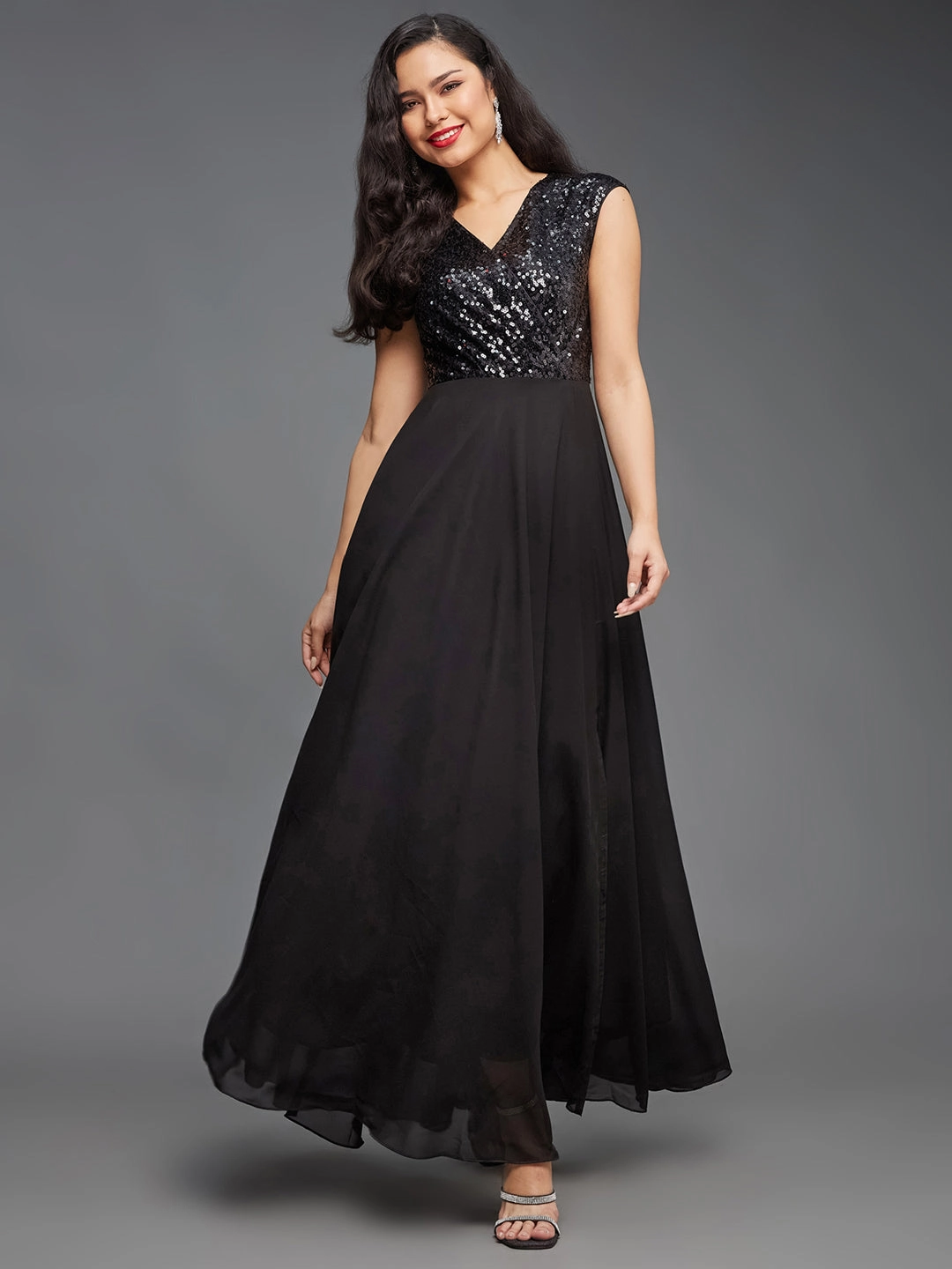 Women's Cocktail Black V-Neck Cap Sleeved Solid Wrap Maxi Dress Silky Movement