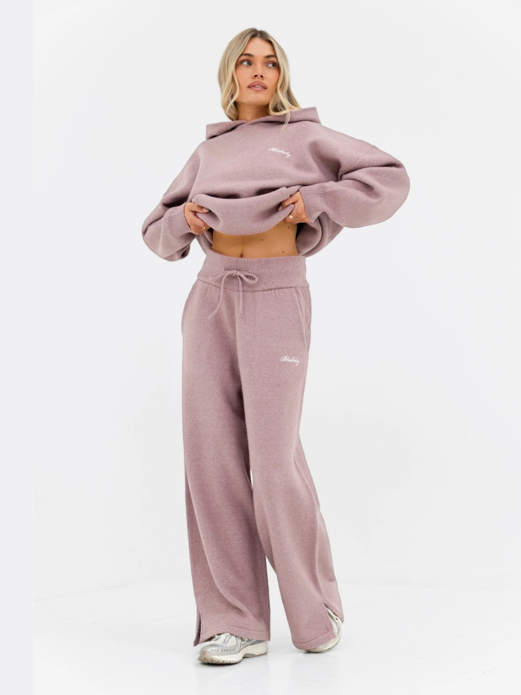 Knitted Wide Leg Sweatpants - Dusty Pink Casual Performance Fit Smooth Texture