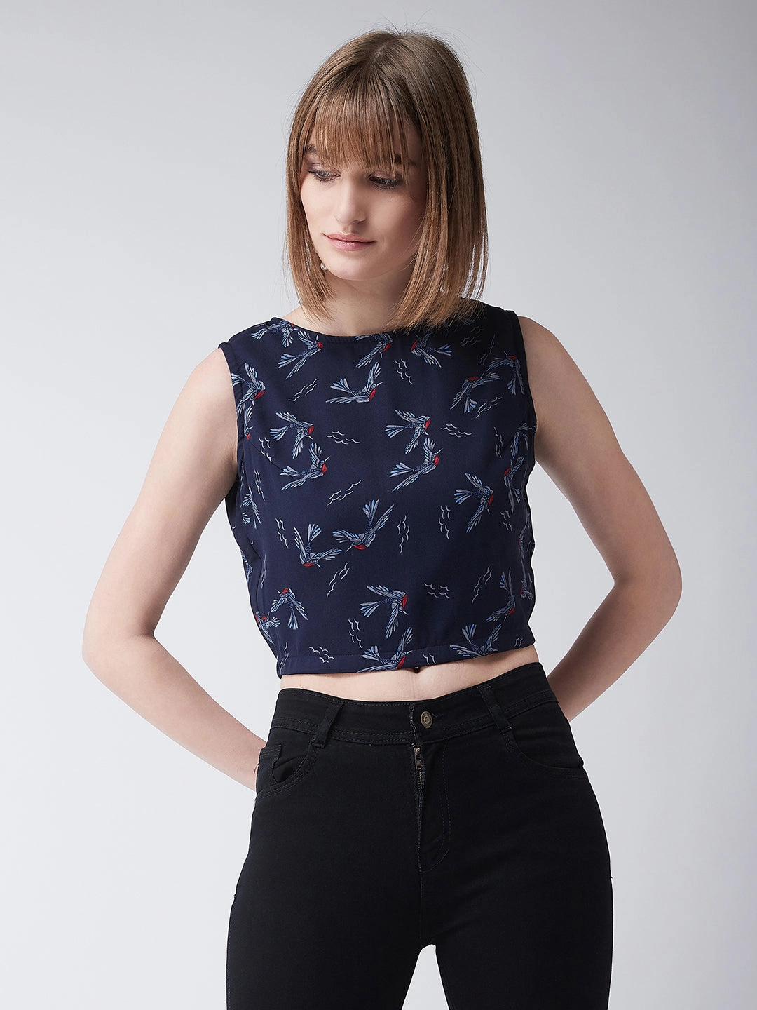 V-neck Blouse CompressionSupportWeave Women's Multicolored Round Neck Sleeveless Printed Crop Top