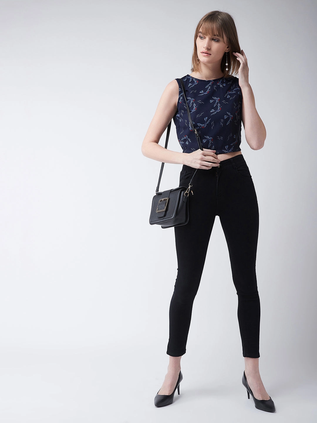 Women's Multicolored Round Neck Sleeveless Printed Crop Top Structured Shoulder Double Needle Stitching