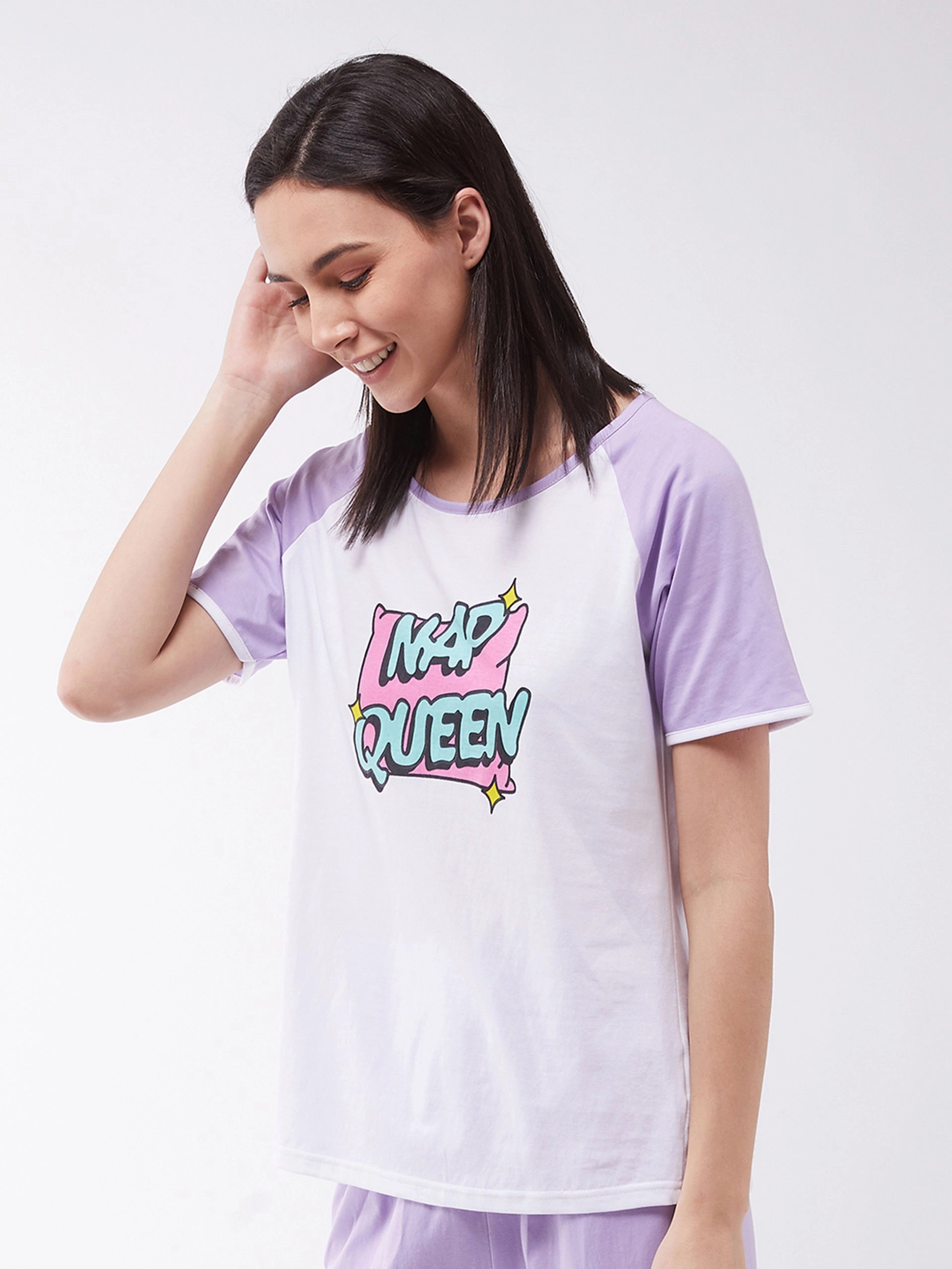 Women's White and Lilac Regular length Printed Short Sleeves Round Neck T-shirt summer look NonChafeCollarTech
