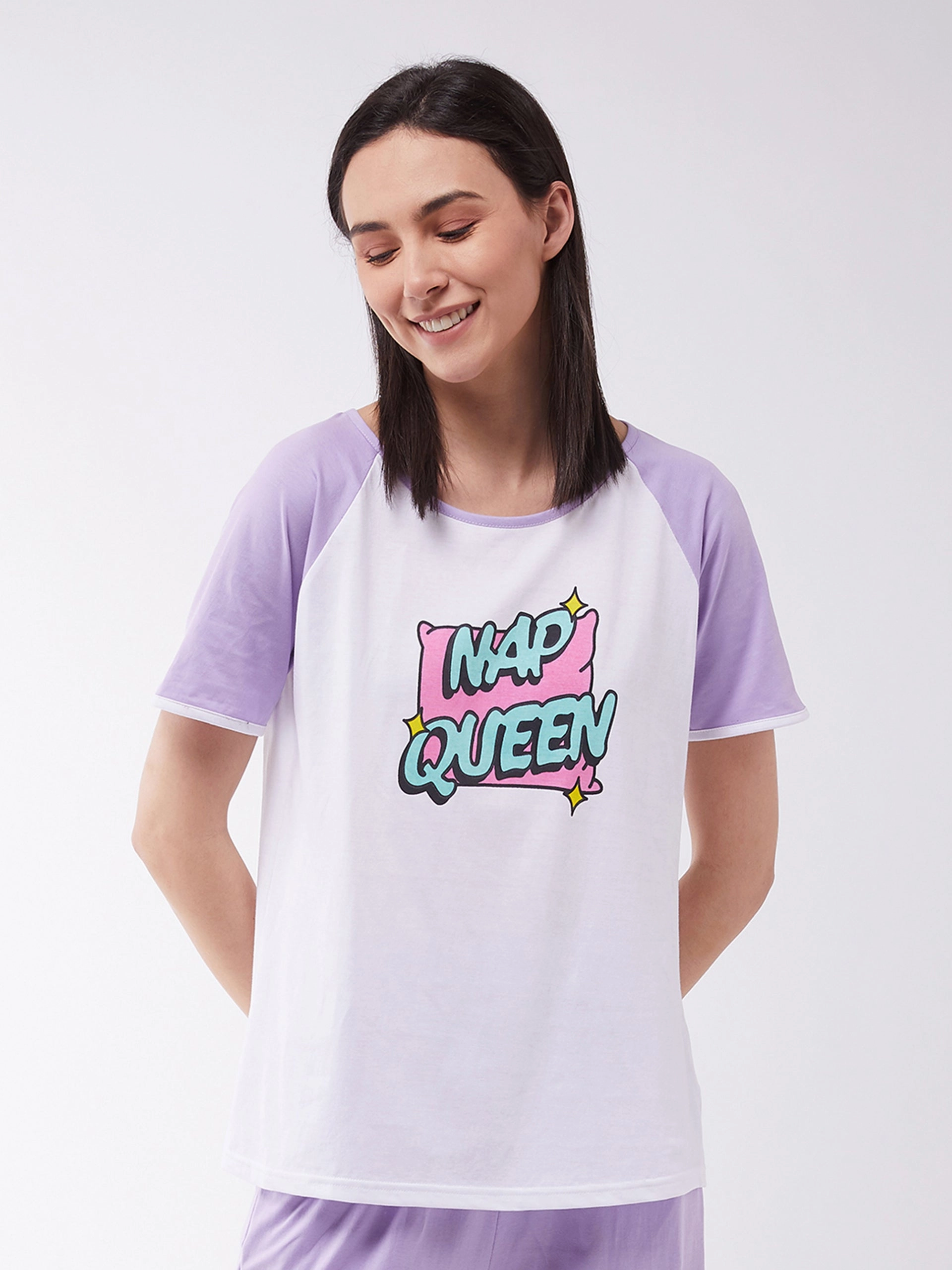 Women's White and Lilac Regular length Printed Short Sleeves Round Neck T-shirt WrinkleFree Weave