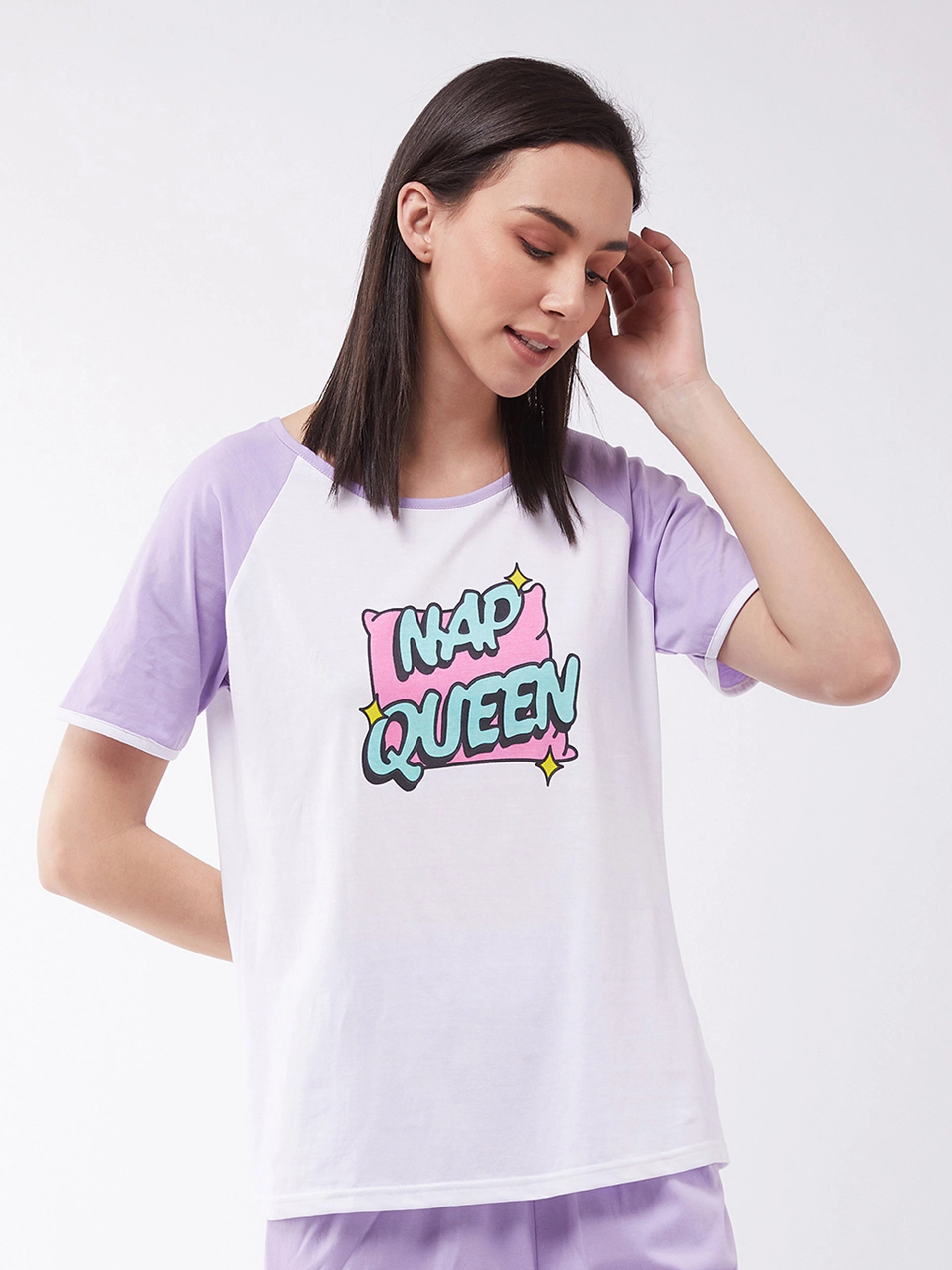 Women's White and Lilac Regular length Printed Short Sleeves Round Neck T-shirt Microfiber Material