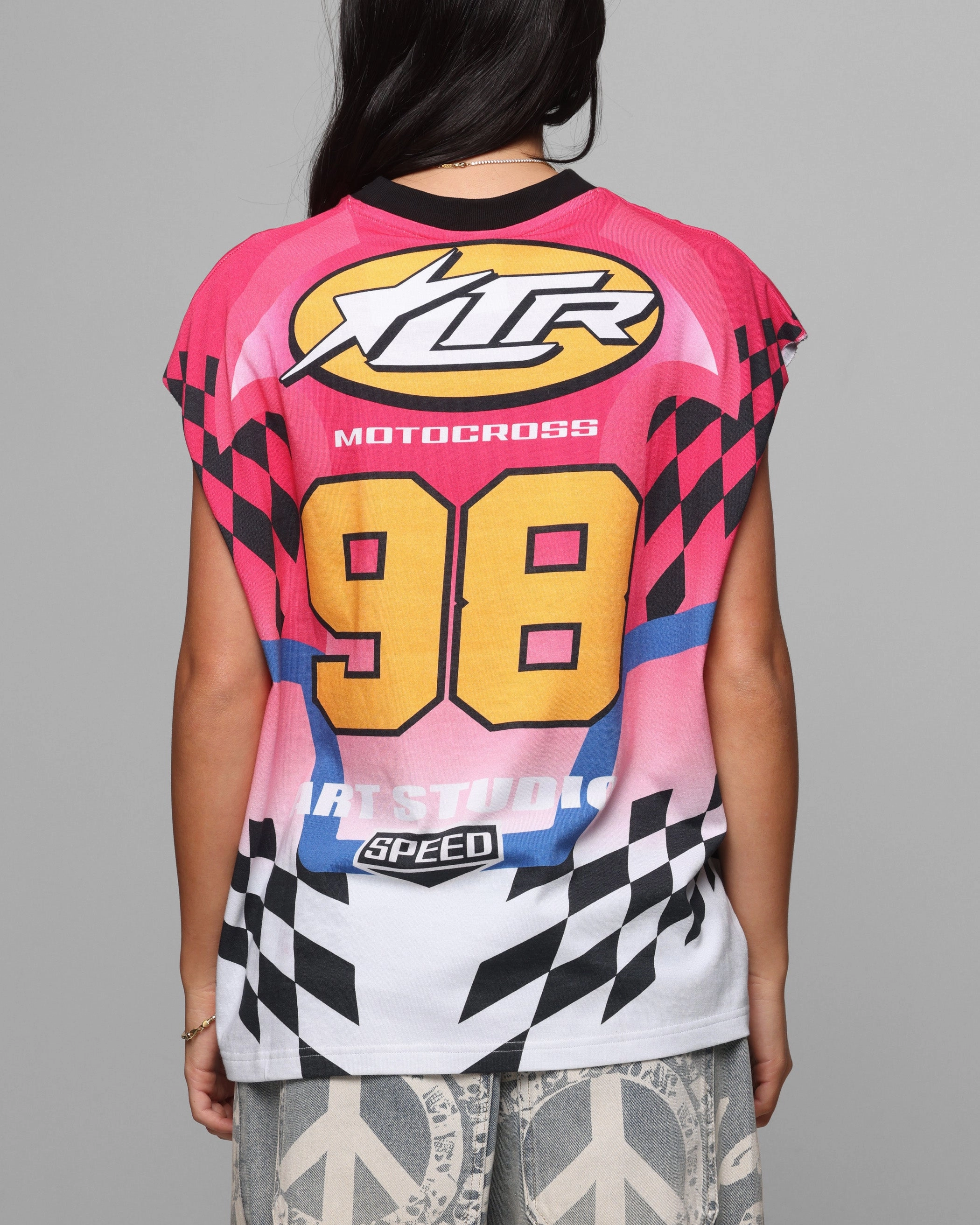 Soft Cotton Loiter Motorsport Muscle T-Shirt Pink/Multi-Colored