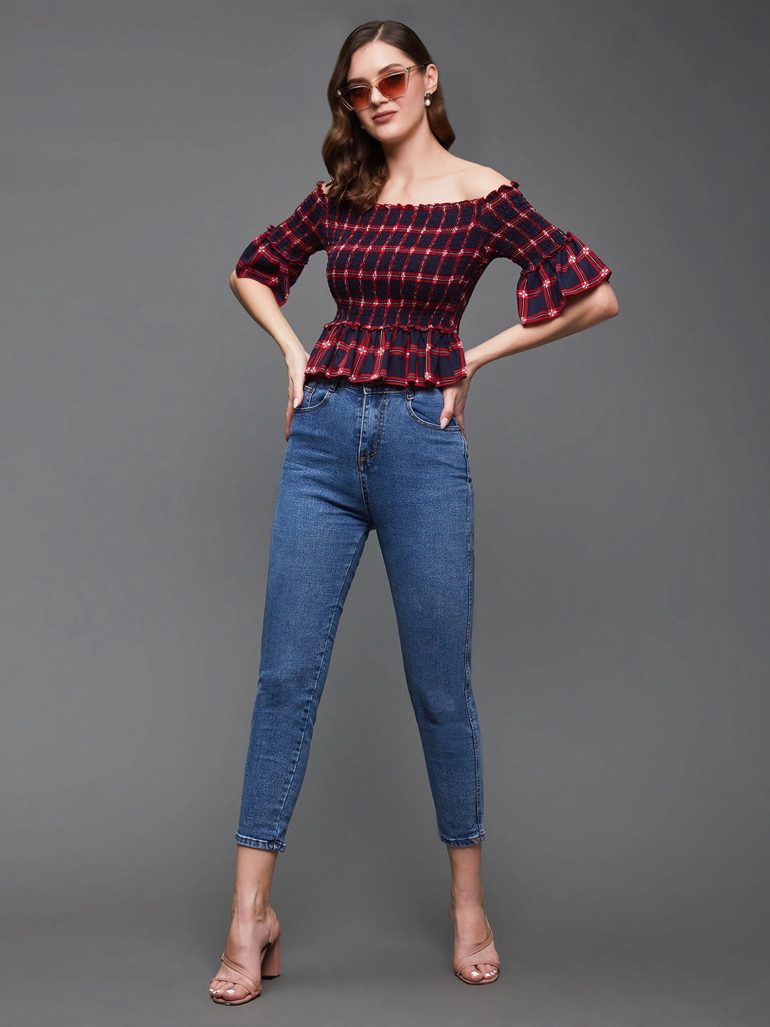 Women's Navy and Red Checkered Bardot Flared Sleeves Viscose Rayon Smocked Short Top Reinforced Seam Technique