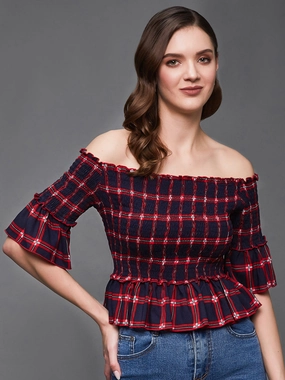 Women's Navy and Red Checkered Bardot Flared Sleeves Viscose Rayon Smocked Short Top FadeResistantTechnology