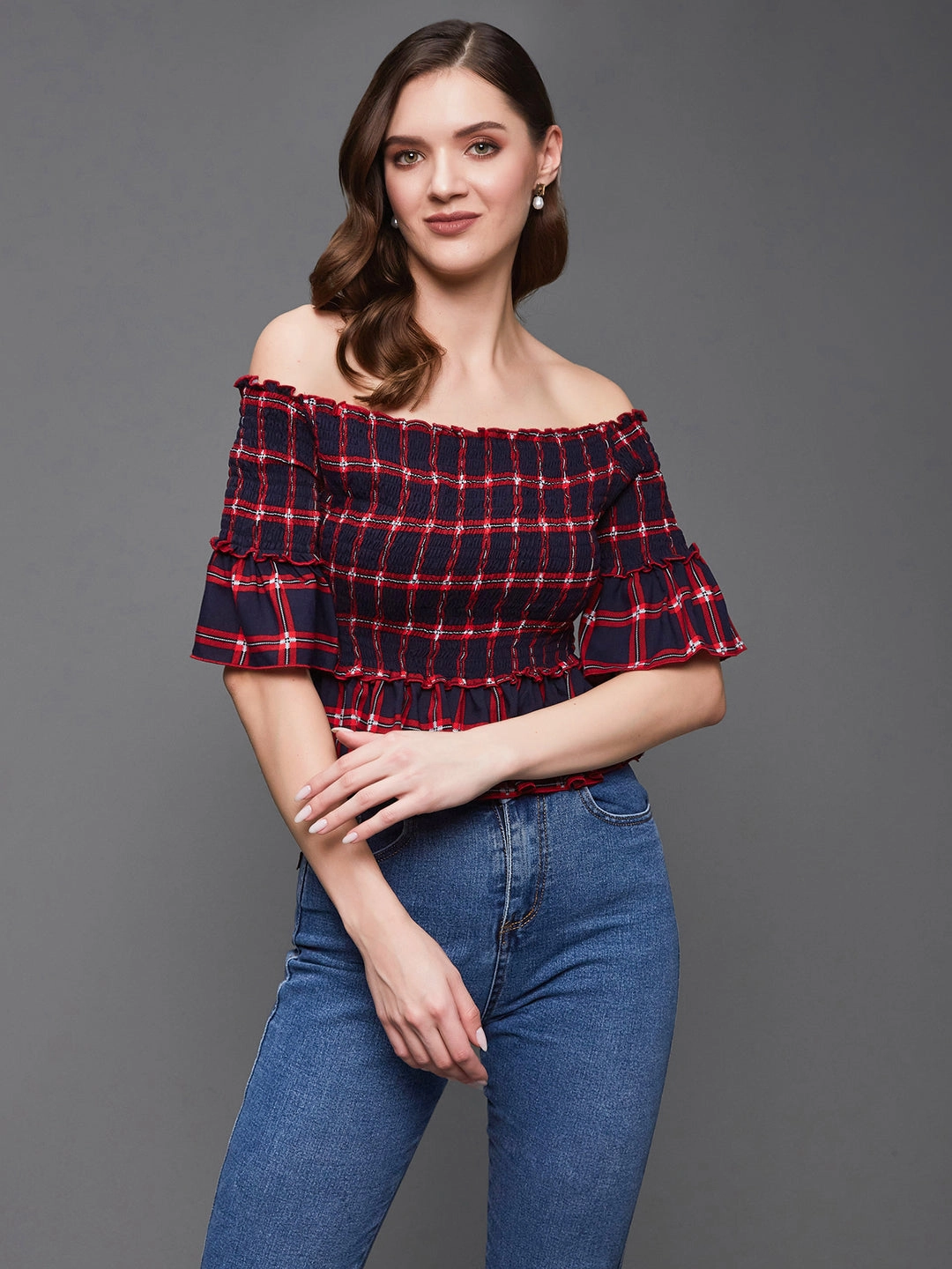 Women's Navy and Red Checkered Bardot Flared Sleeves Viscose Rayon Smocked Short Top HypoallergenicFibers MultiPanelConstruction