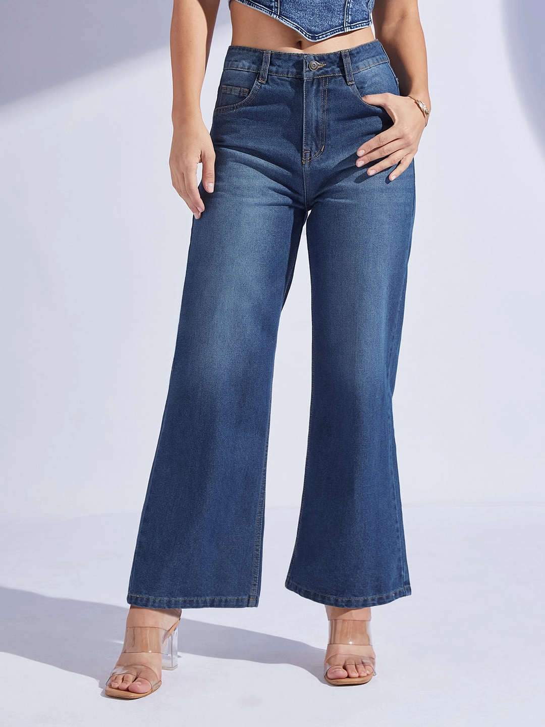 Women's Navy Blue Wide-Leg High-Rise Denim Jeans Unisex Fit