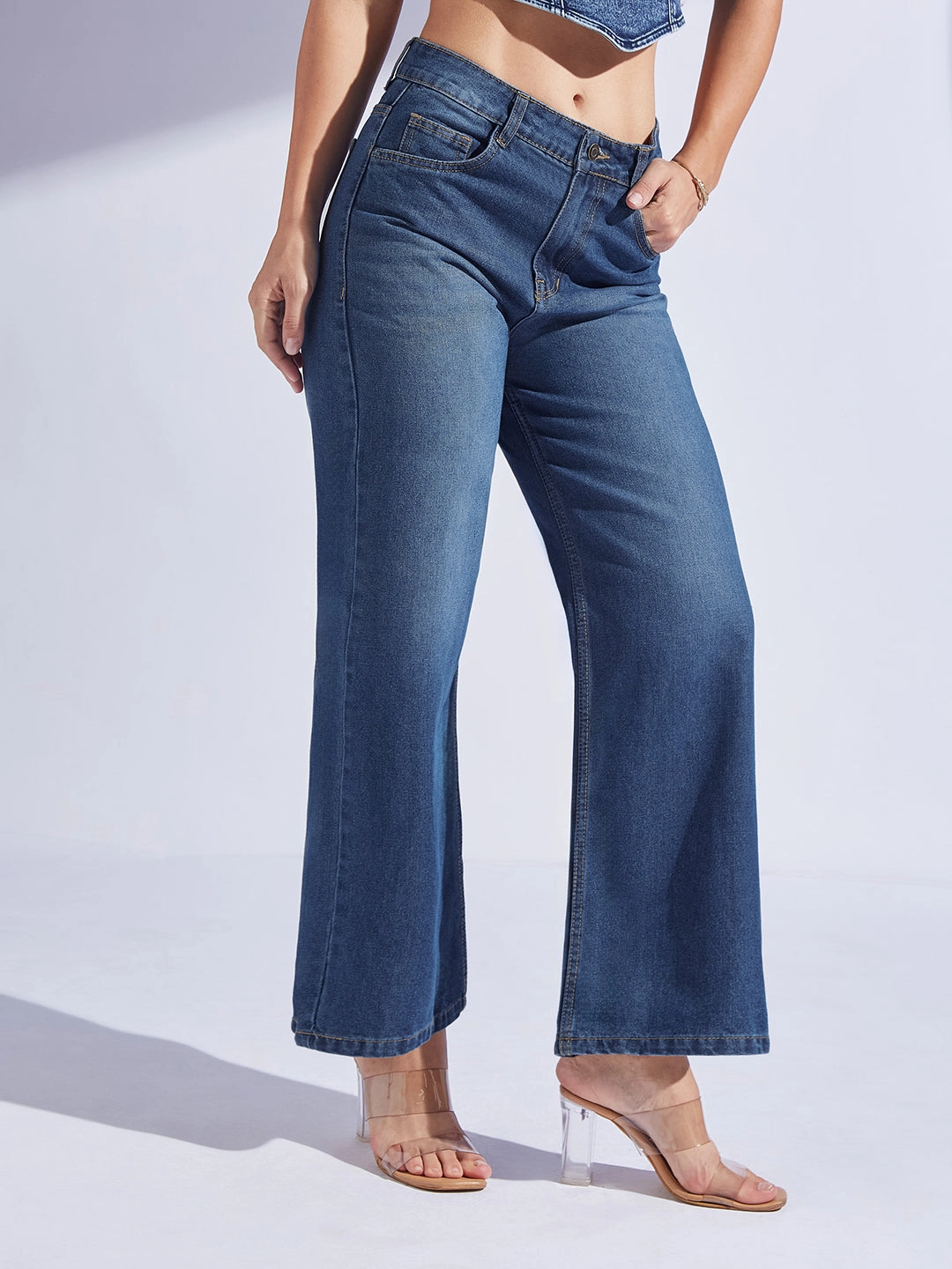Easywear Style Party Look Couple Look Earthy Women's Navy Blue Wide-Leg High-Rise Denim Jeans