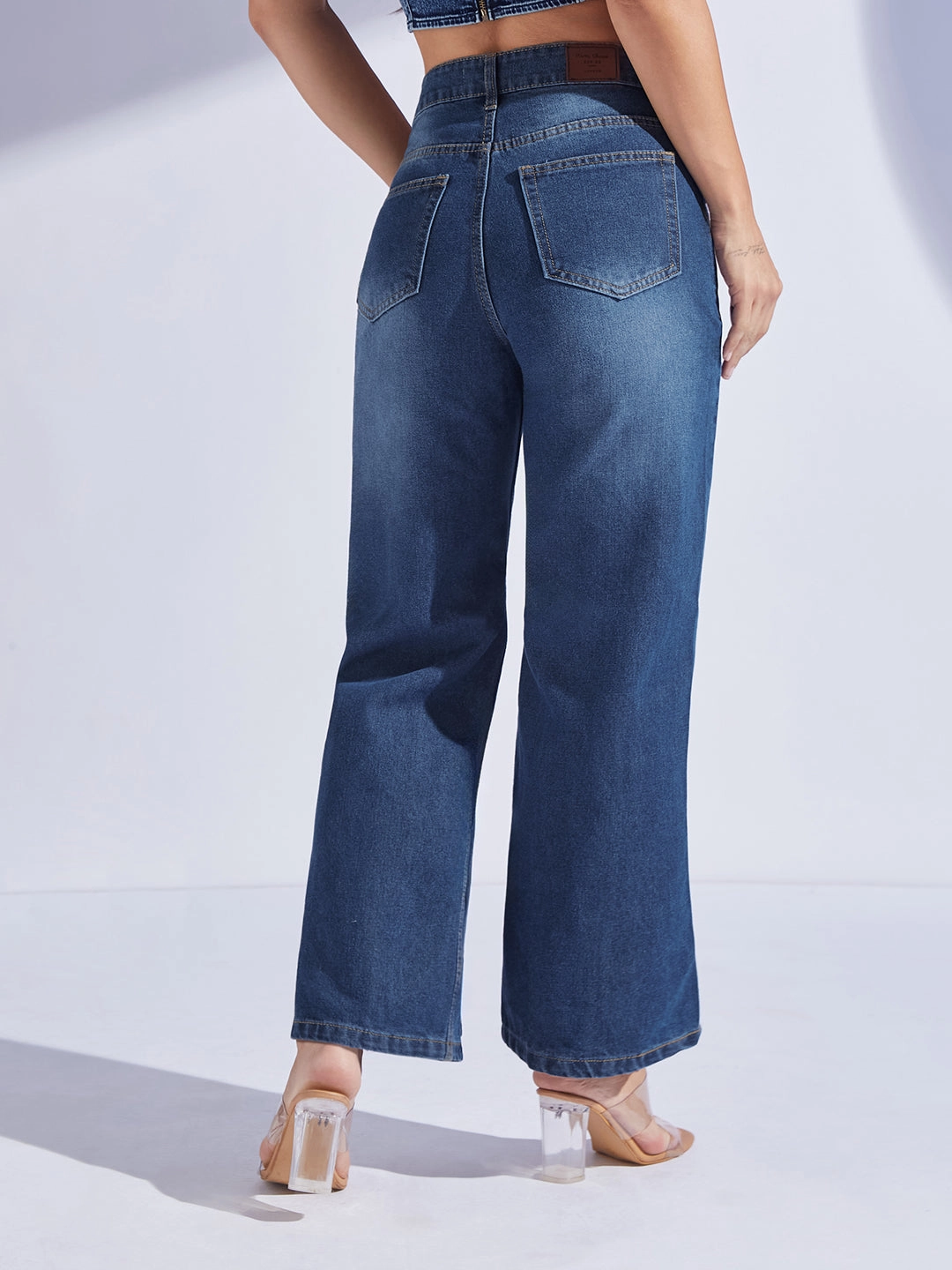 Women's Navy Blue Wide-Leg High-Rise Denim Jeans Stretch Holiday Vibes Streetwear Fan