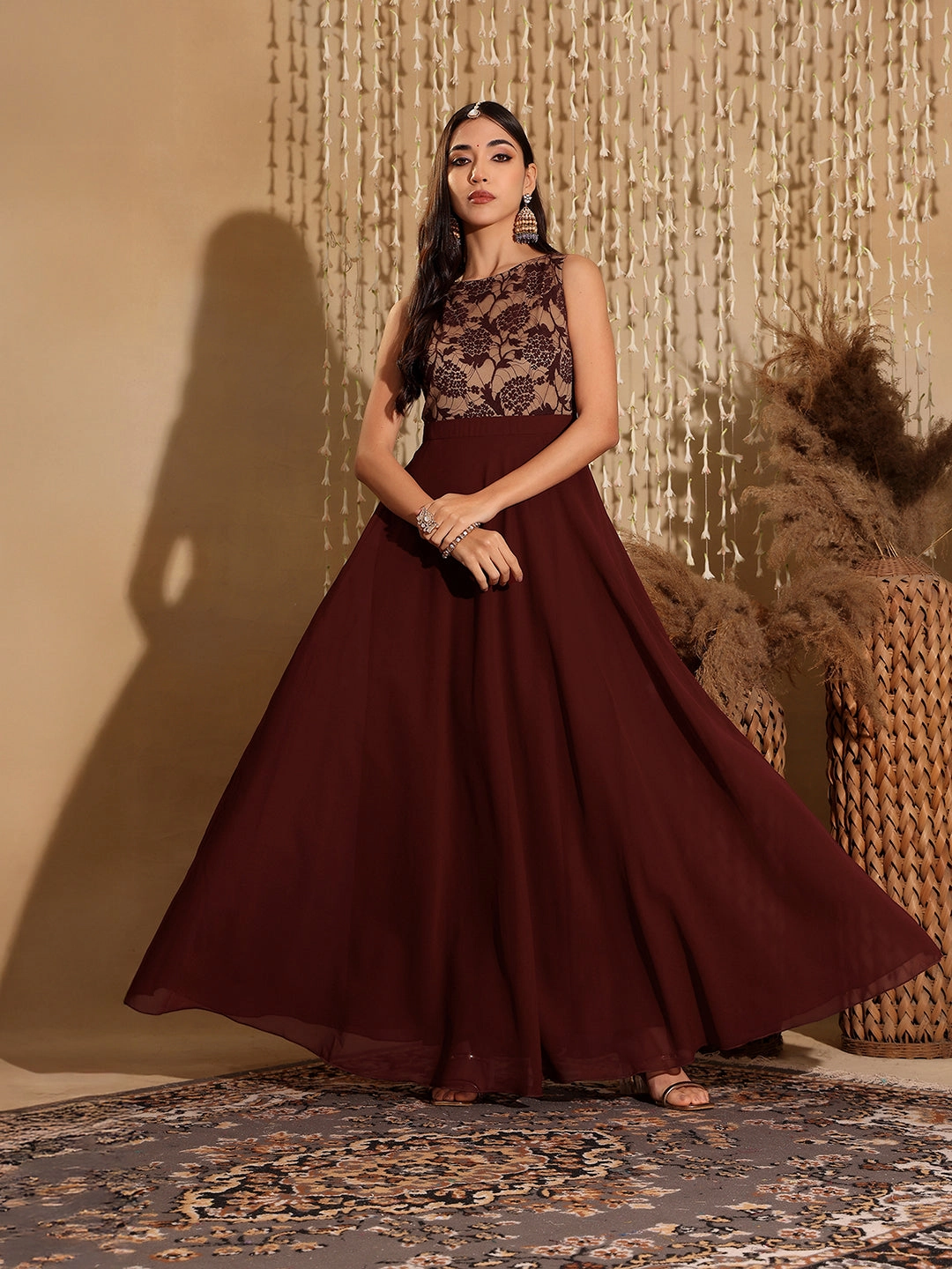 Casual event dress Smooth Texture Women's Beige & Wine Round Neck Sleeveless Georgette Floral Lace Fit & Flare Maxi Dress