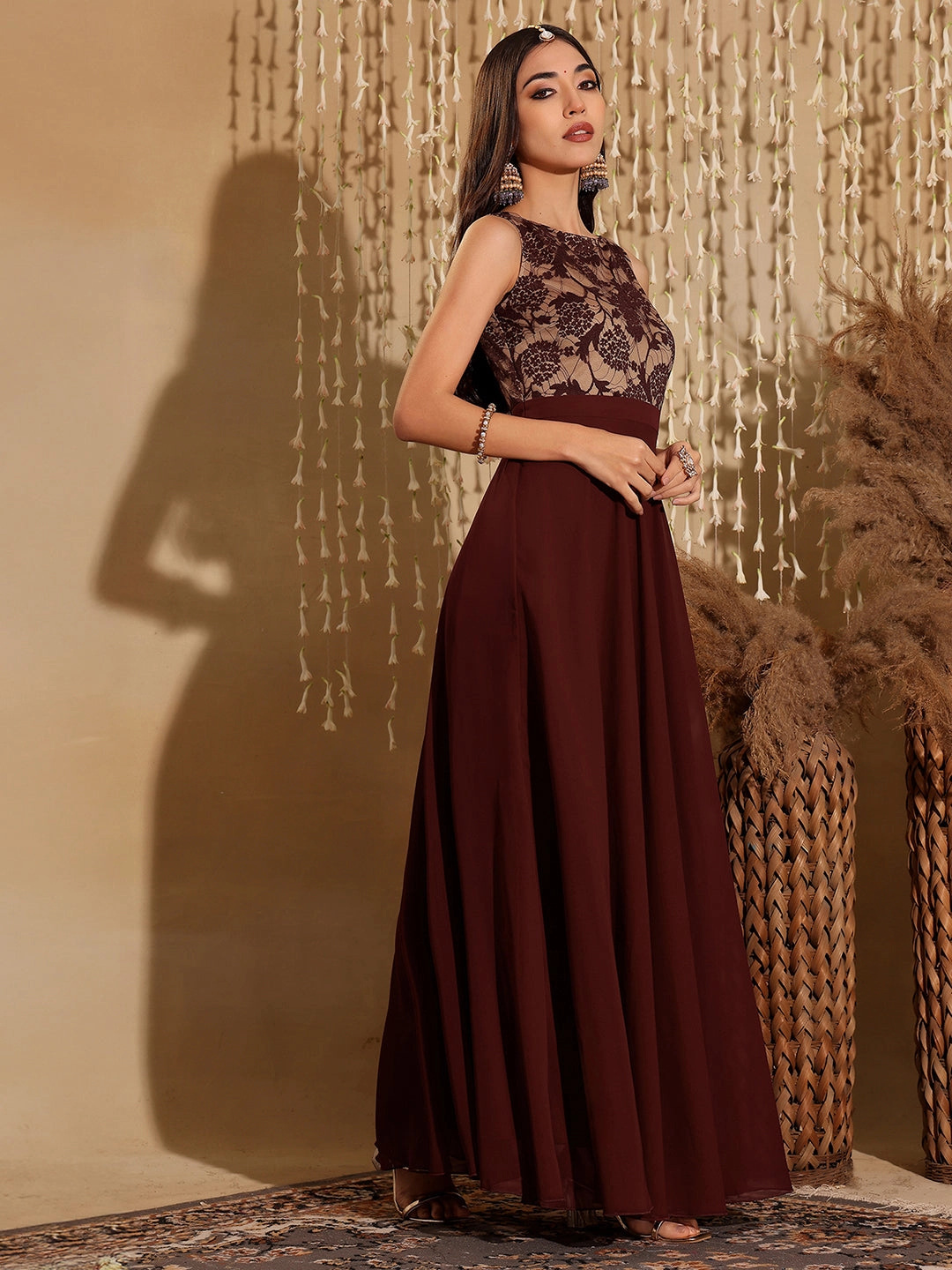 Women's Beige & Wine Round Neck Sleeveless Georgette Floral Lace Fit & Flare Maxi Dress Office Fit Mini-Length