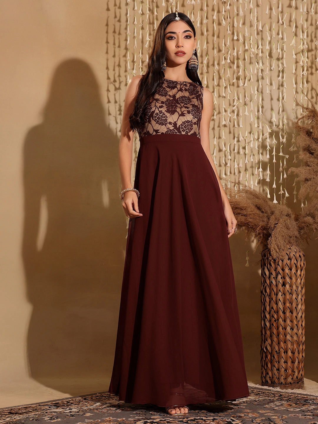 Women's Beige & Wine Round Neck Sleeveless Georgette Floral Lace Fit & Flare Maxi Dress Drawstring-Waist Bright Vibe