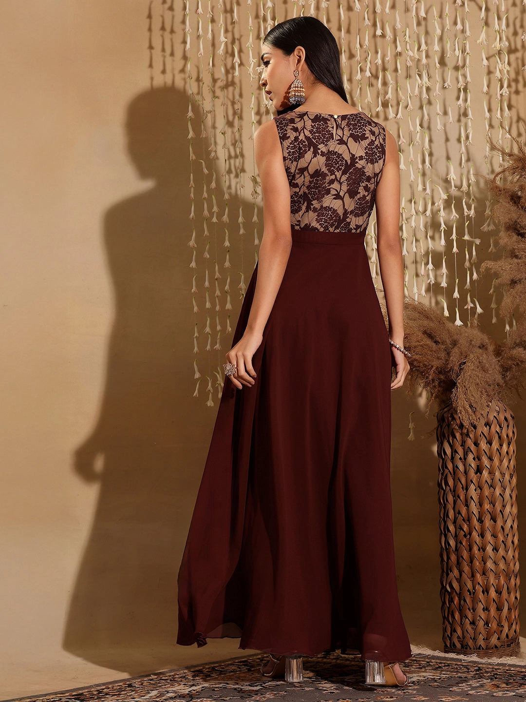 Women's Beige & Wine Round Neck Sleeveless Georgette Floral Lace Fit & Flare Maxi Dress Silky Silhouette Trend-Inspired