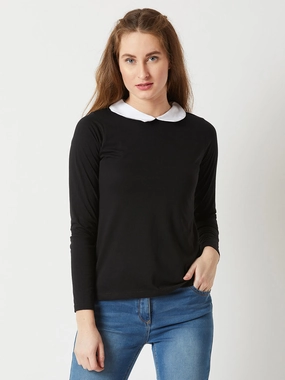 Comfy Layer Brushed Inner Layer Women's Black Collared Round Neck Full Sleeve Cotton Solid Buttoned Top