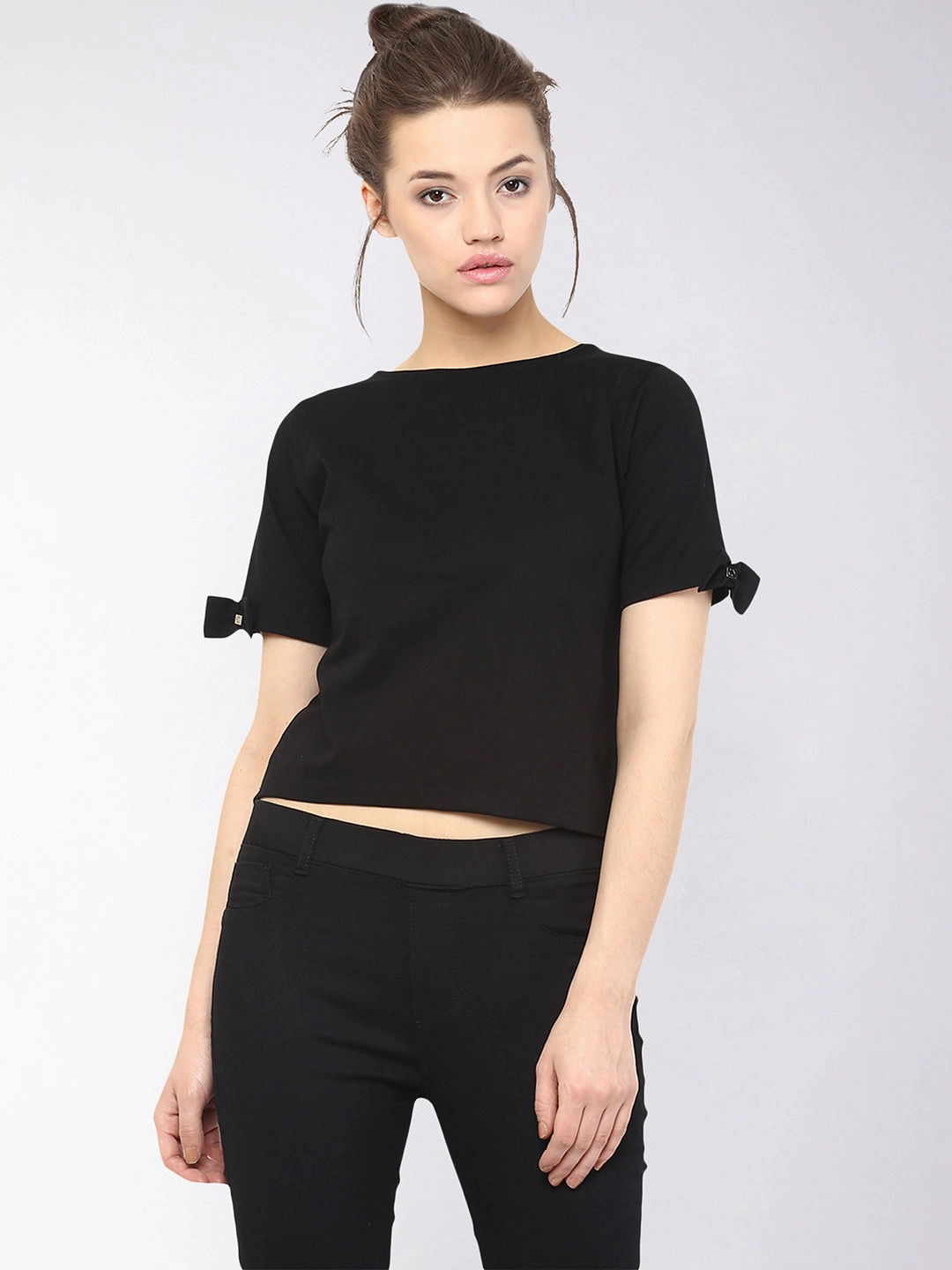 Women's Black Round Neck Half Sleeves Solid Basic Crop Top Lightweight Weave Convertible Neckline