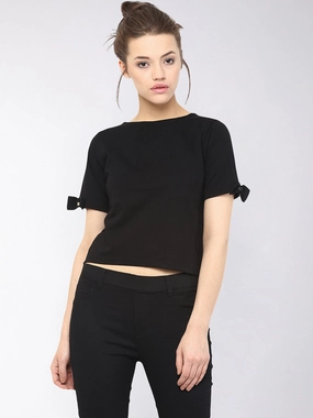 Women's Black Round Neck Half Sleeves Solid Basic Crop Top Lightweight Weave Convertible Neckline