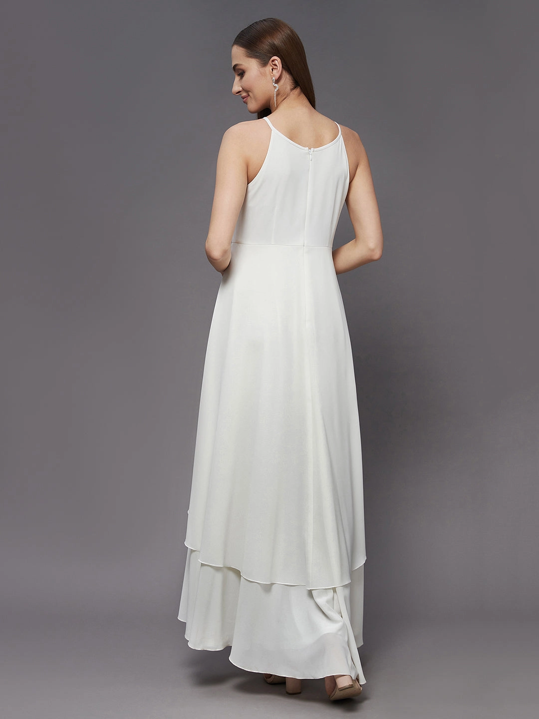 Lightweight warm-weather dress Women's Off White Round Neck Sleeveless Solid Embellished Maxi Dress
