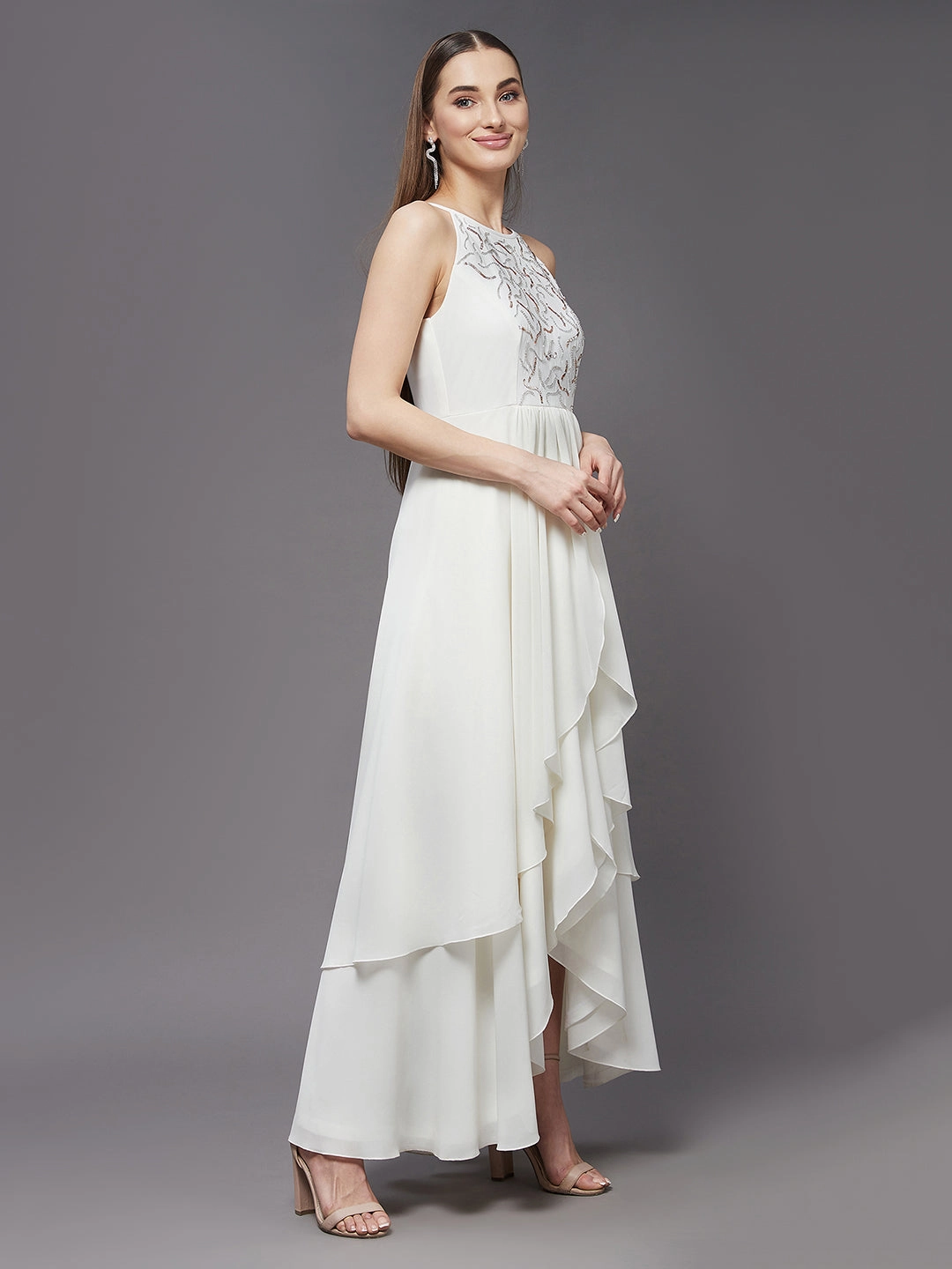 Silky Shape Women's Off White Round Neck Sleeveless Solid Embellished Maxi Dress