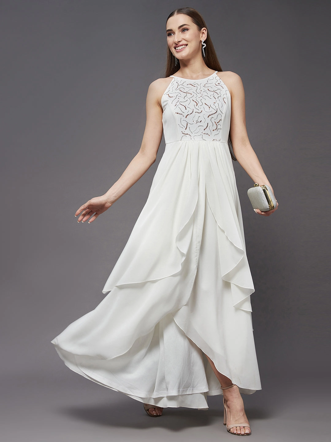 Casual Elegance Airy Base Women's Off White Round Neck Sleeveless Solid Embellished Maxi Dress