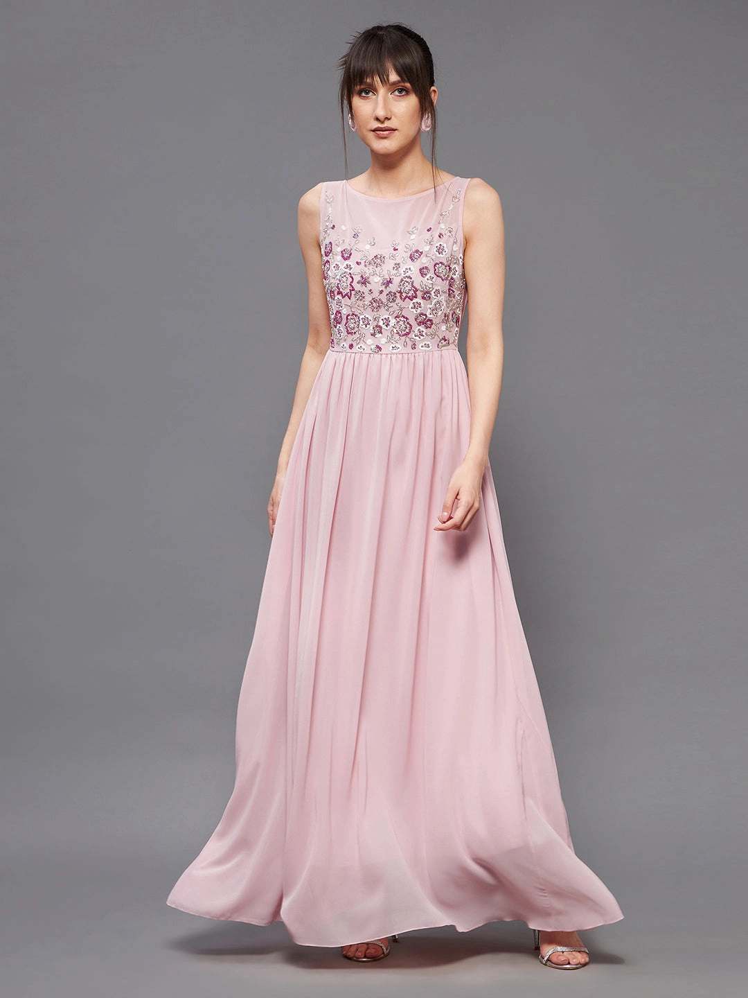 Women's Dusty Pink Boat Neck Sleeveless Embellished Gathered Regular Dress Shimmer-Finish