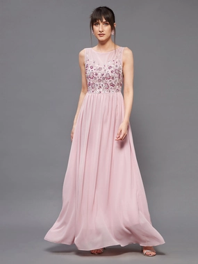 Women's Dusty Pink Boat Neck Sleeveless Embellished Gathered Regular Dress Shimmer-Finish