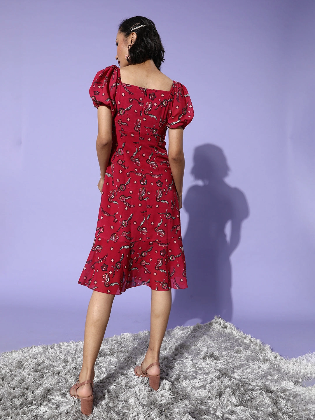 Relaxed and stylish All-Day Comfort Wear Women's Multicolored-Base-Dark Pink Sweetheart Half Sleeve Floral Fit & Flare Midi Dress