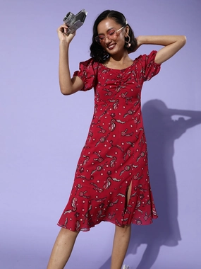 Women's Multicolored-Base-Dark Pink Sweetheart Half Sleeve Floral Fit & Flare Midi Dress Balanced Fit Subtle pattern