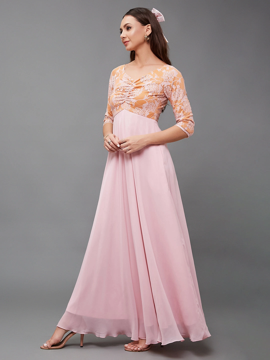 Women's Dusty Pink V-Neck Raglan-Sleeve Self-Designed Empire-Styled Georgette Maxi Dress Elastic Fit