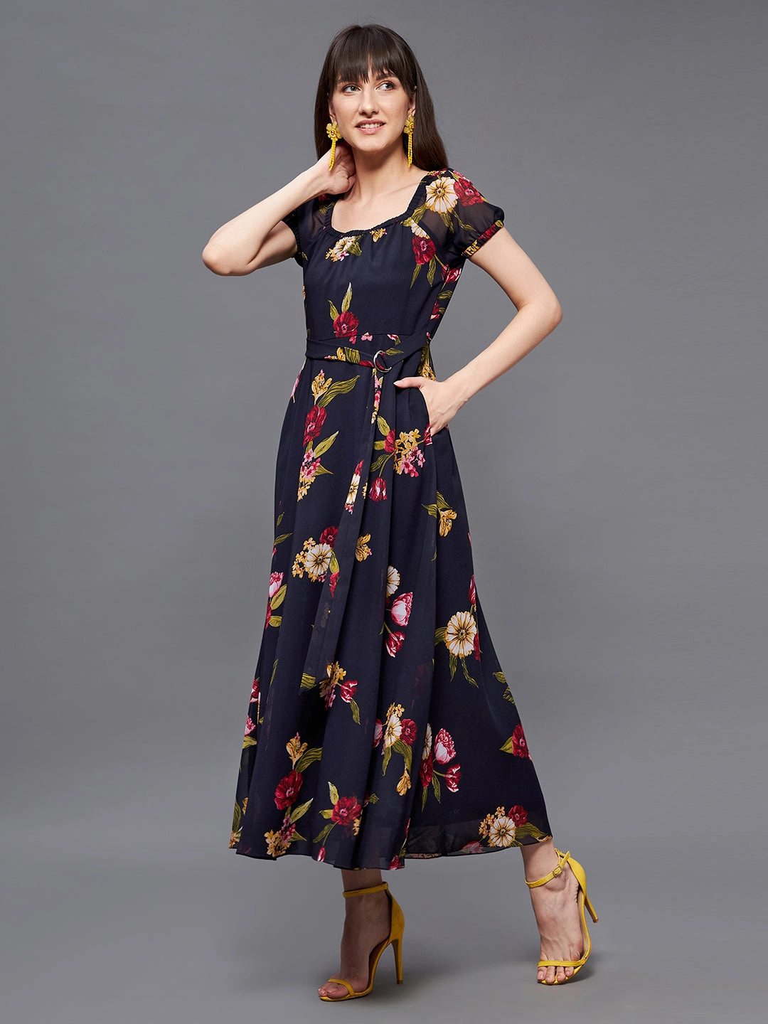 Summer Wardrobe Women's Multicolored Base-Navy Blue Square Neck Short Puff Sleeve Floral Fit & Flare Georgette Midi Dress