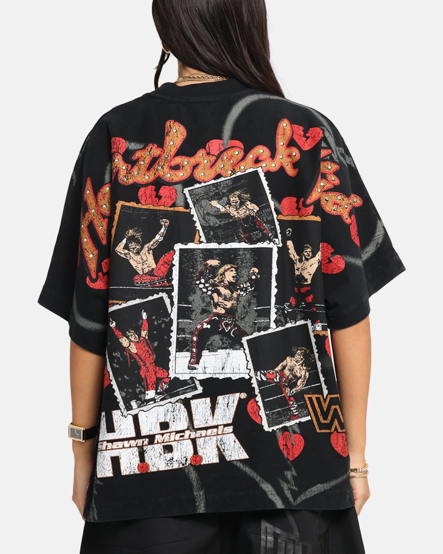 Ribbed Hemline Culture Kings X WWE Shawn Michaels All Over Print T-Shirt Black