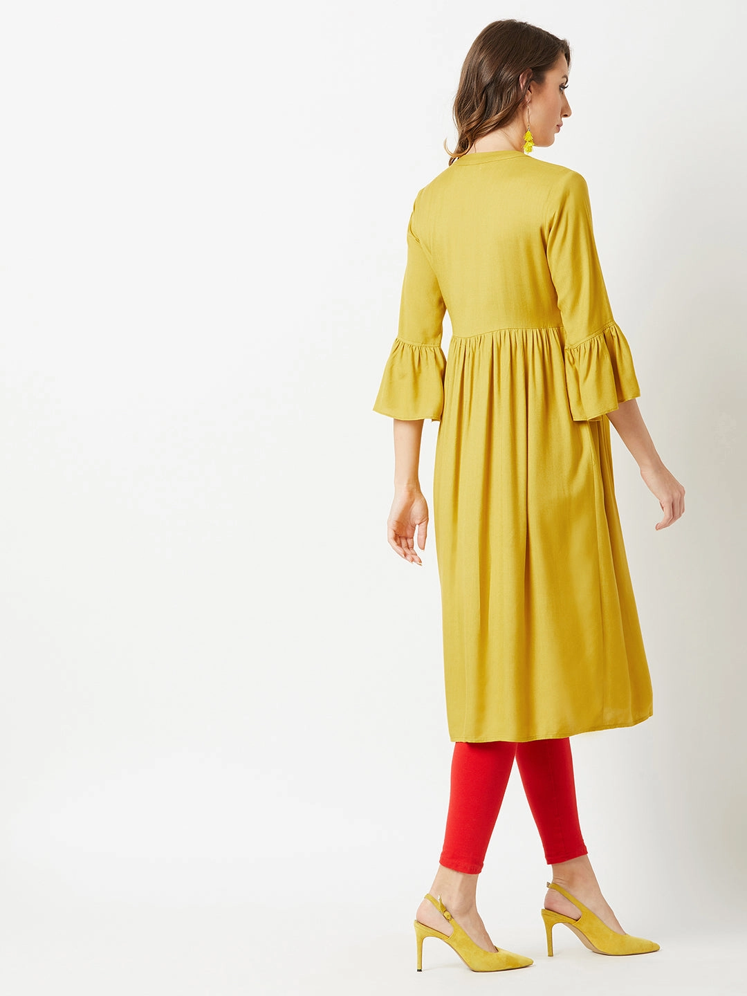 Women's Mustard Round Neck 3/4th Sleeve Solid Embroidered Gathered Midi Dress Versatile Edge