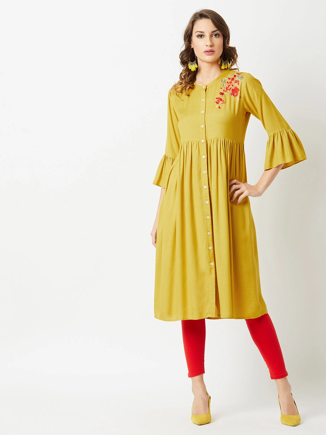 Comfortable casual dress Chilly Day Comfort Women's Mustard Round Neck 3/4th Sleeve Solid Embroidered Gathered Midi Dress