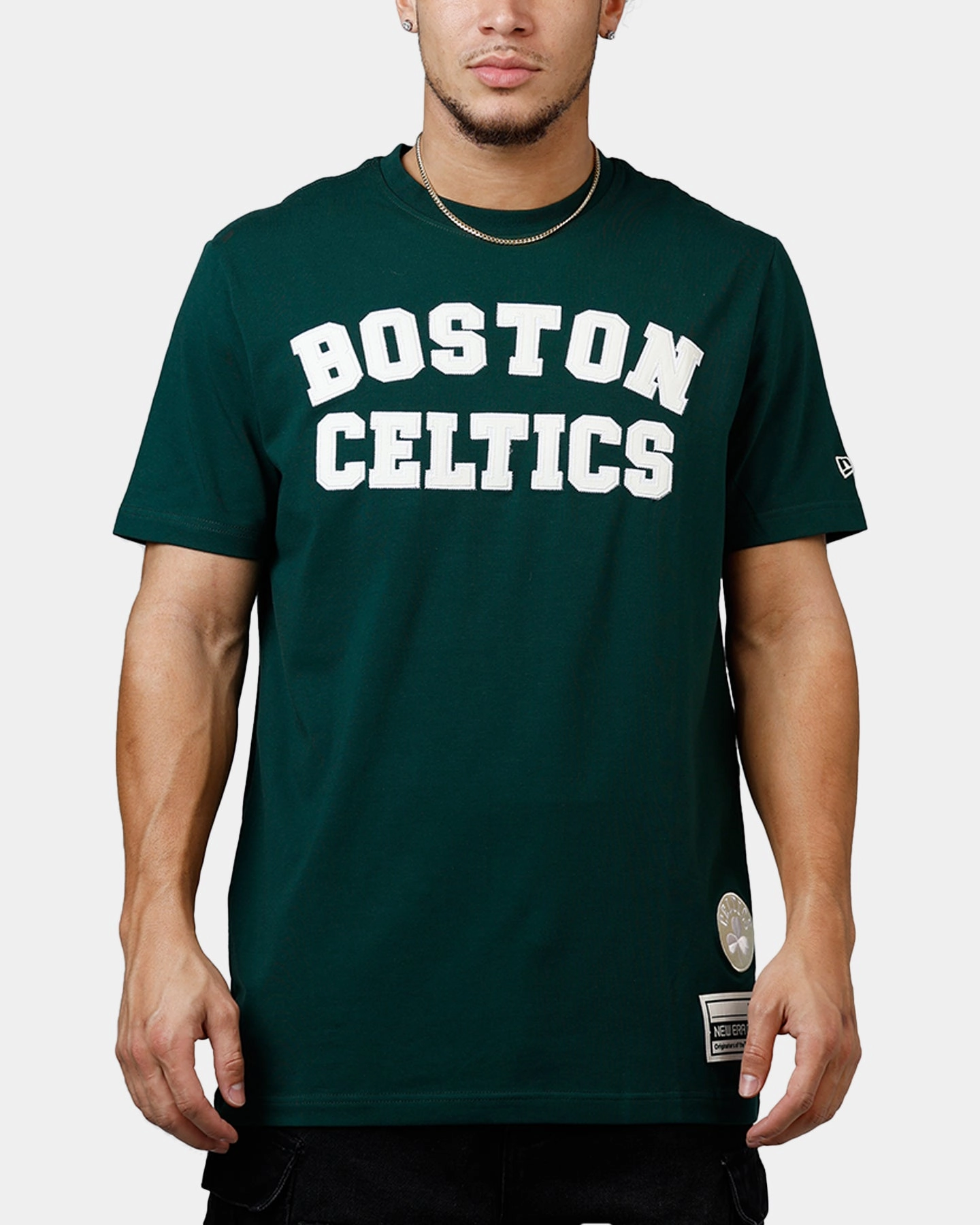 New Era Boston Celtics Logo Select T-Shirt Dark Green Yarn Dye Stripe Hypoallergenic Inner Layer