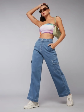 24/7 Comfort Blue Wide-Leg High-Rise Stretchable Denim Jeans Minimal Fit